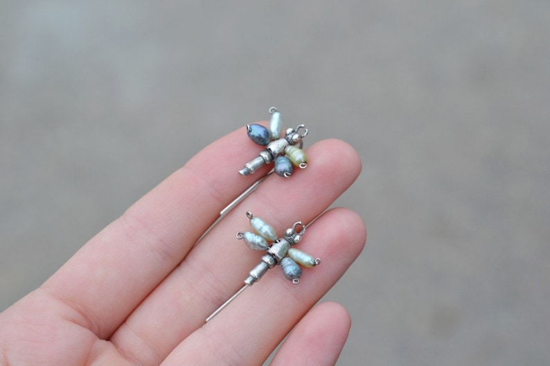 Sterling Silver Rice Pearl Earrings Artisan Sterling Colored Pearl Dragonfly Earrings Sterling Dragonfly Earrings Dragonfly Jewelry