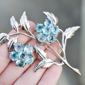 Large Sterling Silver and Blue Glass Gemstone Flower Brooch, Antique Sterling Flower Pin, Big Flower Pin, Holiday Brooch, Silver Rhinestone