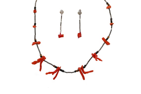 Sterling Tube Bead Branch Coral Bead Jewelry Set,… - image 1
