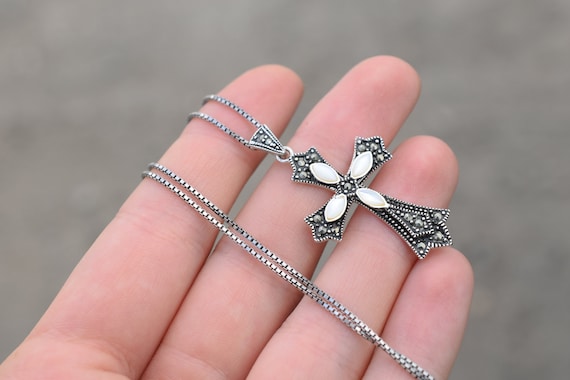 Sterling Silver Marcasite and Mother of Pearl Cros