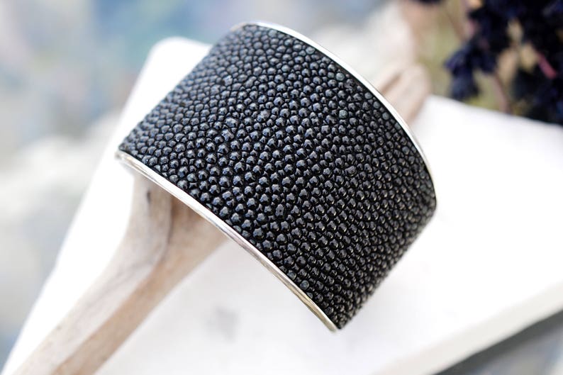 Sterling Silver Stingray Leather Cuff Bracelet Unique Sterling Silver Jewelry Black Cuff Bracelet Designer Sterling Cuff Bracelet