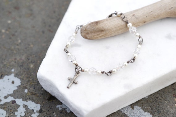 Cross Beaded Charm Bracelet, Silver