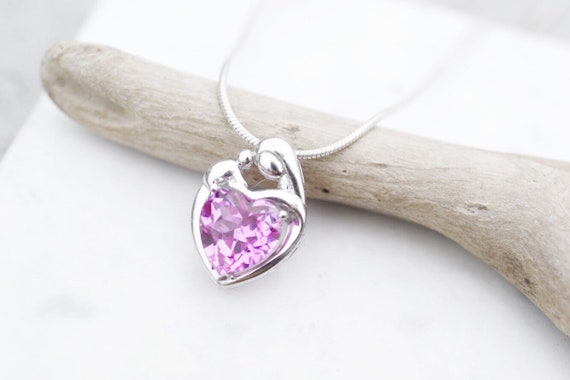 Sterling Silver Pink CZ Heart Mom Necklace, Sterl… - image 1