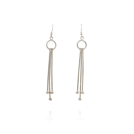 Sterling Silver Beaded Bar Dangle Earrings, Minimalist Sterling Dangle Earrings, Delicate Silver Earrings, Sterling Fringe Dangle Earrings