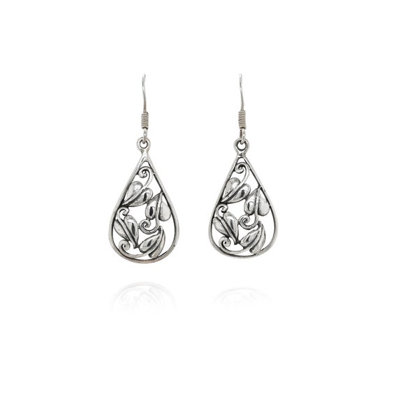 Sterling Silver Leaf Dangle Earrings, Sterling Leaf Earrings, Silver Teardrop Earrings, Sterling Plant Earrings, Leaf Jewelry