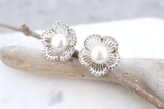 Sterling Silver Pearl Flower Stud Earrings, Pearl… - image 1