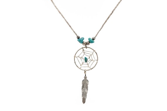 Acchiappasogni turchese vintage in argento sterling del sud-ovest + ciondolo piuma su catena barbazzale da 18 pollici - Italia