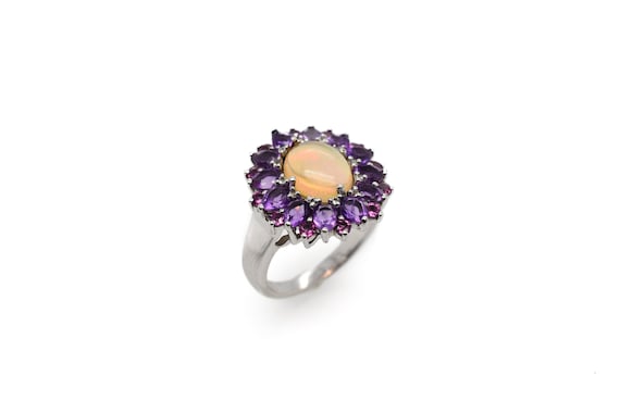 Sterling Silver Signed KHR Oval Opal and Amethyst Ring, Sterling Amethyst Ring, Opal Cocktail Ring, Designer Sterling Silver Opal Ring