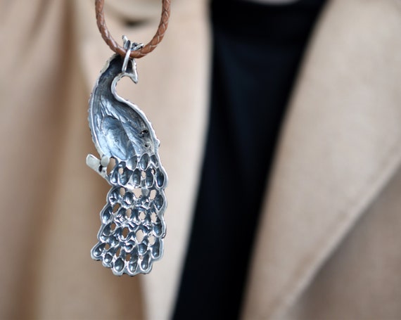 Large Sterling Silver Peacock Pendant on a Leather Co… - Gem Large Sterling Silver Peacock Pendant on a Leather Co… - Gem