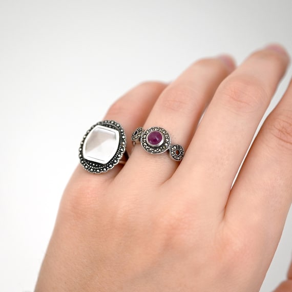 Sterling Silver Natural Ruby and Marcasite Open C… - image 6