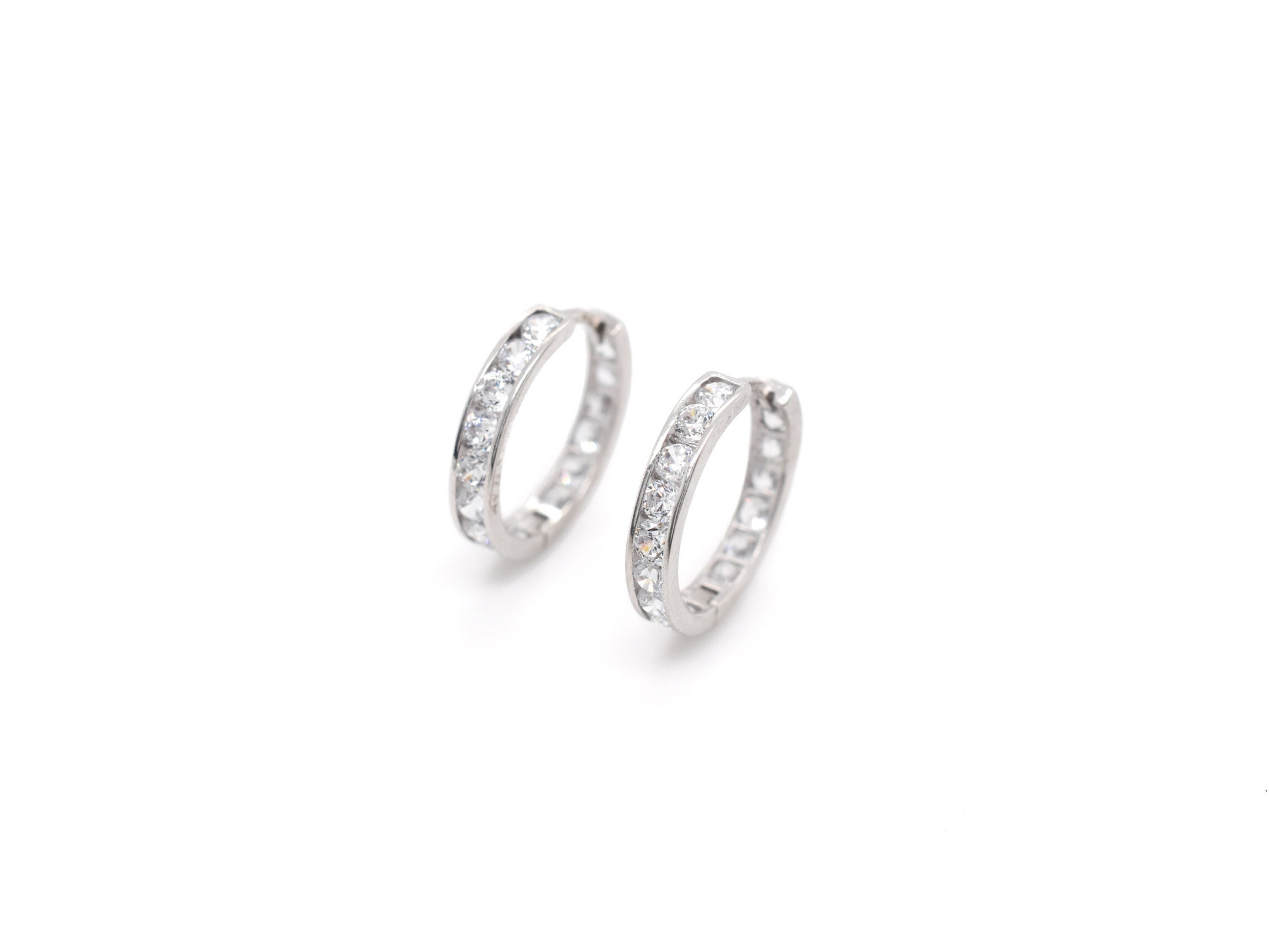 14k White Gold Round CZ Hoop Earrings CZ Hoop Earrings 14k Gemstone Hoop Earrings Fake Diamond Hoops Classic CZ Earrings