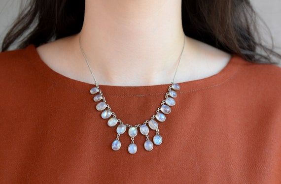 Sterling Silver Boho Moonstone Bib Necklace, Moons