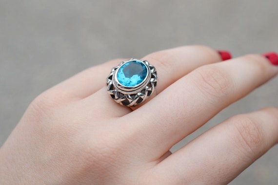 Sterling Silver Blue Gem Statement Ring, Blue Top… - image 2