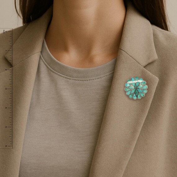 Rare Sterling Zuni Blue Gem Turquoise Inlay Brooch, Blue Gem Turquoise Jewelry, Zuni Flower Brooch, Old Pawn Sterling Brooch, Zuni Inlay Pin View 4
