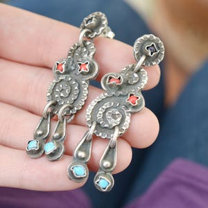 Matl Style Sterling Silver Mexico Dangle Earrings, Turquoise and Coral Earrings, Dangle Taxco Earrings, Turquoise Taxco Dangle Earrings image 3