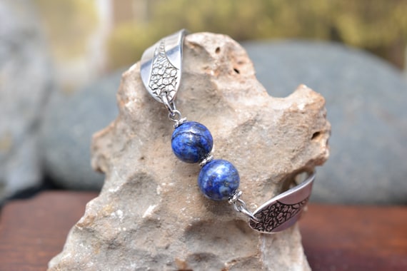 Silver Plated Lapis Lazuli Bead Spoon Bracelet wi… - image 1