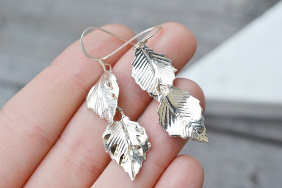 Sterling Silver Layered Leaf Dangle Earrings, Ste… - image 2