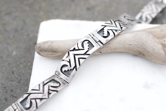 Sterling Silver Tribal Link Bracelet, Aztec Sterl… - image 1