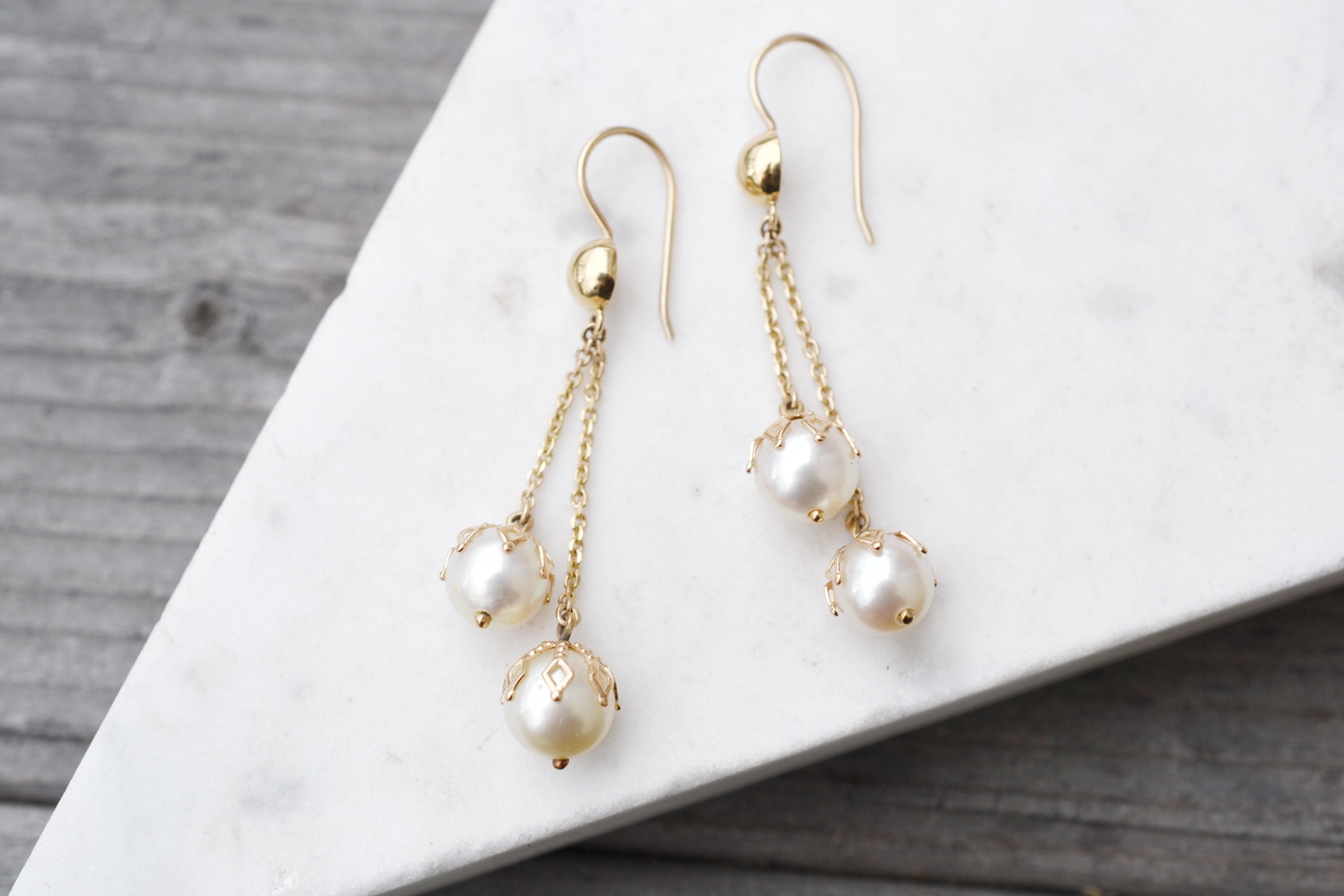 14k Yellow Gold Pearl Dangle Earrings 14k Gold Pearl Jewelry Etsy