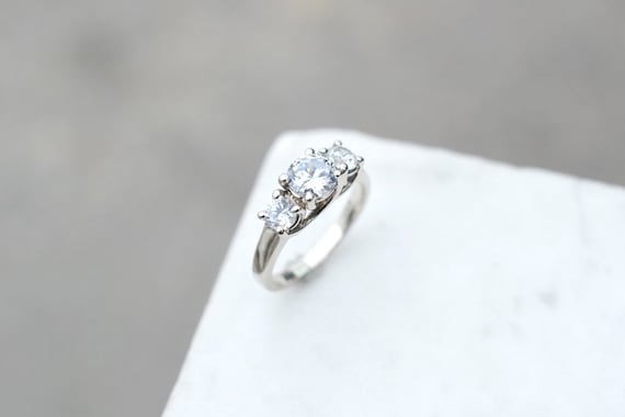 14K Solid White Gold Three Stone CZ Engagement Ri… - image 1