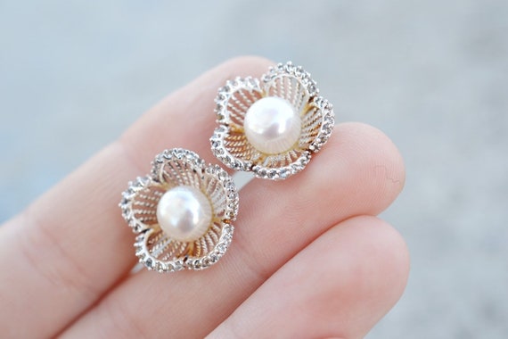 Sterling Silver Pearl Flower Stud Earrings, Pearl… - image 3