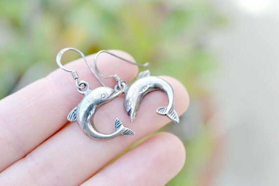 Sterling Silver Dolphin Dangle Earrings, Sterling… - image 1