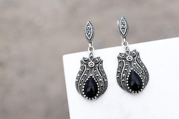 Sterling Silver Art Deco Onyx and Marcasite Dangle Earrings, Onyx and Marcasite Earrings, Art Deco Onyx Earrings, Art Deco Marcasite Jewelry