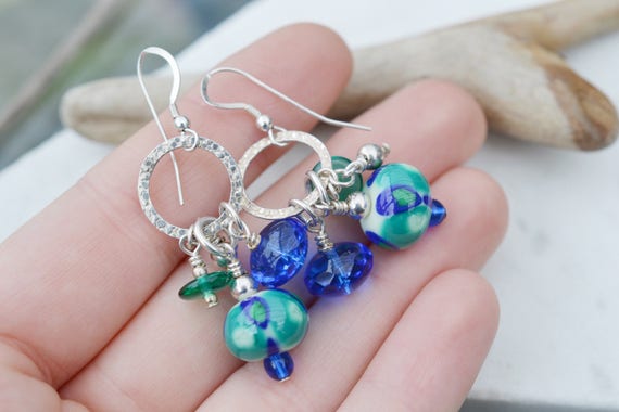 Sterling Silver Dangle Art Glass Beaded Earrings,… - image 2