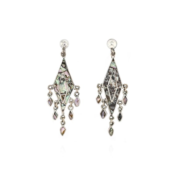 Large Sterling Silver Abalone Inlay Dangle Earrings, Mexican Screw Back Earrings, Sterling Screw Back Dangle Earrings, Abalone Earrings