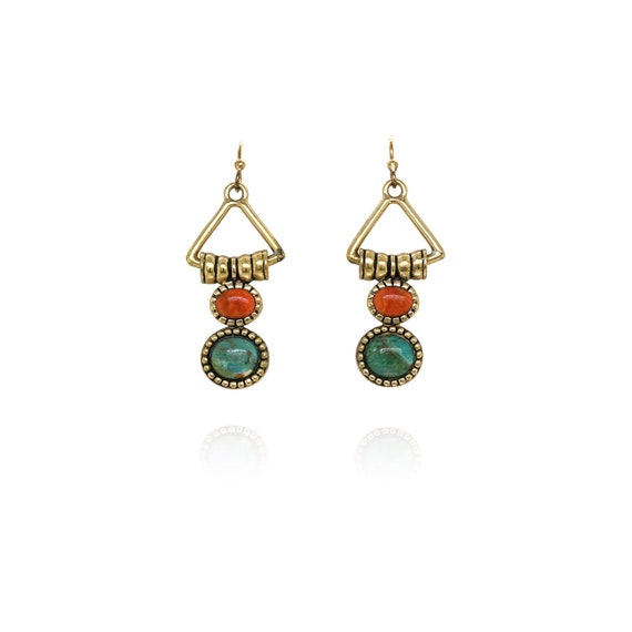 Bronze Barse Turquoise and Coral Dangle Earrings, Bronze Turquoise Earrings, Boho Gemstone Dangle Earrings, Tribal Earrings, Barse Jewelry