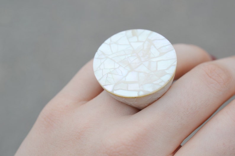 Mother of Pearl Inlay Ring Shell Mosaic Ring Sterling Silver Shell Ring Sterling Silver Wood and Crushed Shell Mosaic Statement Ring