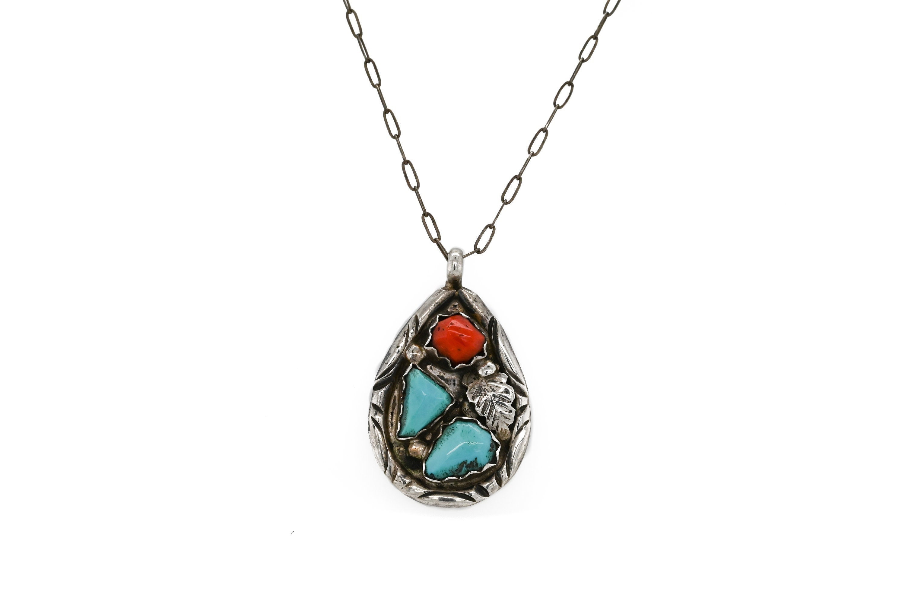 Sterling Silver VANCE CHEAMA Turquoise and Coral Necklace, Native 