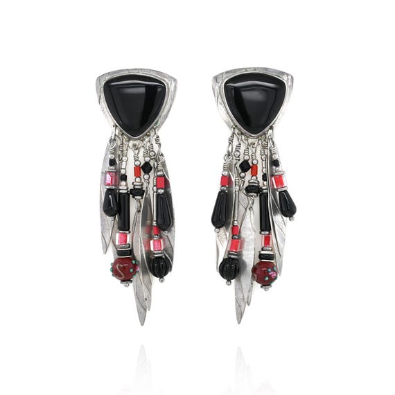 Studio Signed TABRA Designer Beaded Onyx Dangle E… - image 1