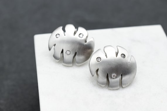 Sterling Silver Modernist Silk Textured CZ Earrings, Abstract Sterling Silver Earrings, Matte Sterling Earrings, Artisan Sterling Earrings
