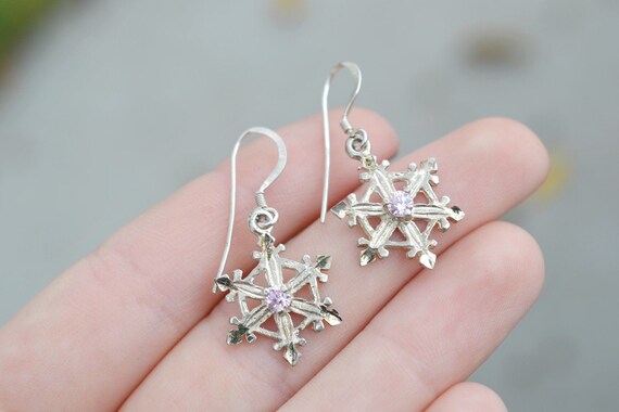 Sterling Silver Snowflake Dangle Earrings, Sterling Pink CZ Snowflake, Snowflake Jewelry, Sterling Silver Winter Earrings, Winter Jewelry