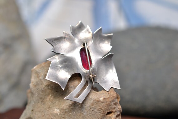 Sterling Silver and Fuschia Glass Stone Leaf Flor… - image 2