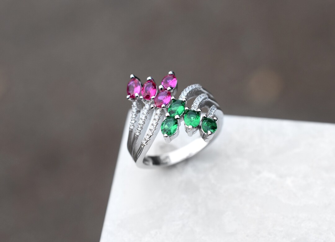Sterling Silver Micro Pave Green and Red CZ Statement Ring, Holiday ...