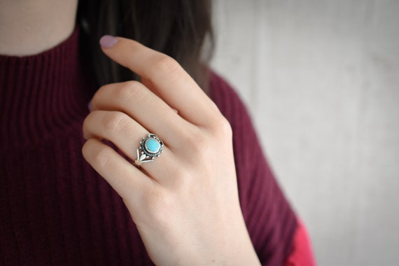 Tribal Sterling Turquoise Ring, Boho Turquoise Ri… - image 4