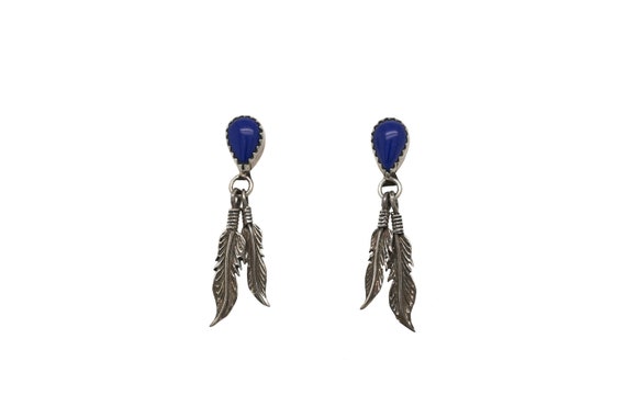 Sterling Silver Lapis Dangle Feather Earrings, Na… - image 1