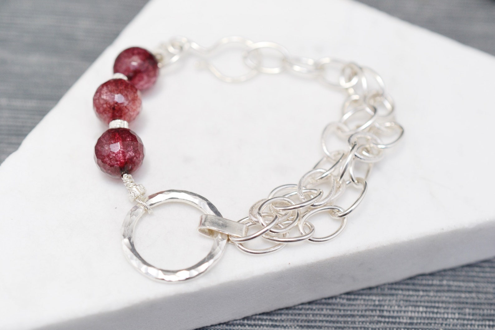 Silver Raspberry Sterling Silver Raspberry Colored Beaded Bracelet, Sterling Silver Bead ...