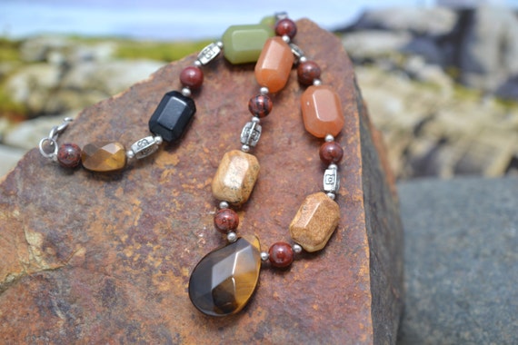 Chunky Tigers Eye Beaded Necklace With Sterling S… - image 1