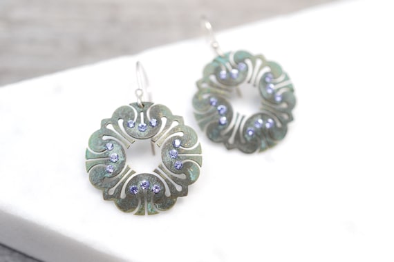 Sterling Oxidized Rhinestone Dangle Earrings, Oxidized Jewelry, Oxidized Earrings, Rustic Jewelry, Rustic Dangle Earrings, Green Patina
