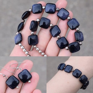Sterling Silver Blue Goldstone Glass Beaded Jewelry Set, Goldstone Glass Jewelry, Sparkly Beads, Dark Blue Beaded Jewelry Set
