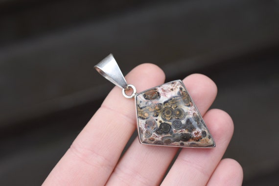 Large Sterling Silver Geometric Leopard Jasper Necklace, Artisan Jasper Necklace, Geometric Sterling Pendant, Leopard Jasper Jewelry