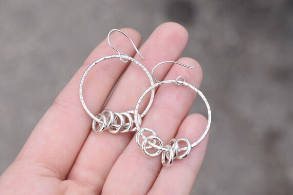 Sterling Silver Hammered Dangle Hoop Earrings, Mi… - image 1