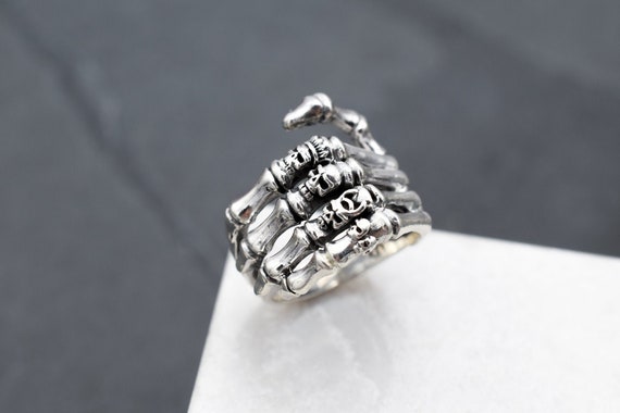 Sterling Silver Skeleton Hand Punk Biker Ring, St… - image 1