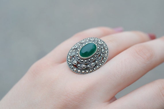 Sterling Silver Art Deco Marcasite and Green Onyx