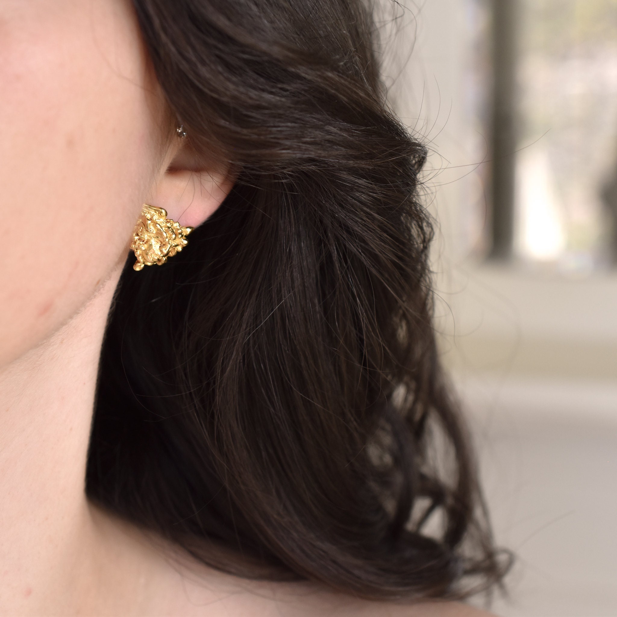 18k Solid Yellow Gold Medusa Stud Earrings, Gold Medusa