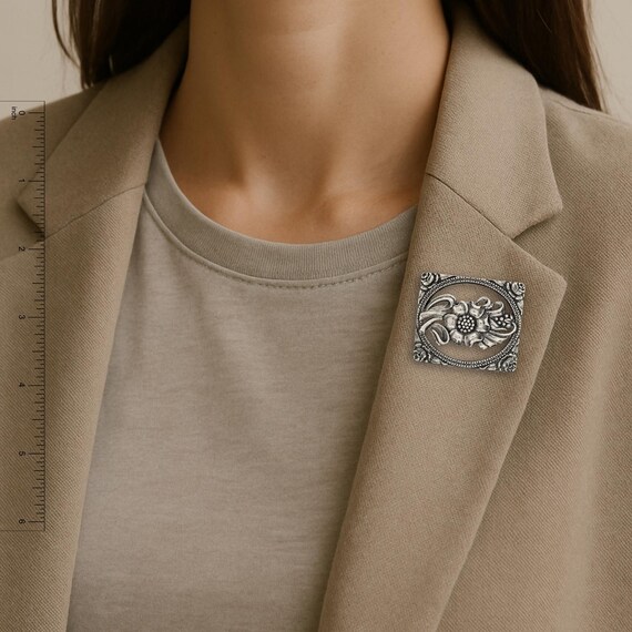 Sterling Silver Rectangular Flower Brooch, Flower… - image 8