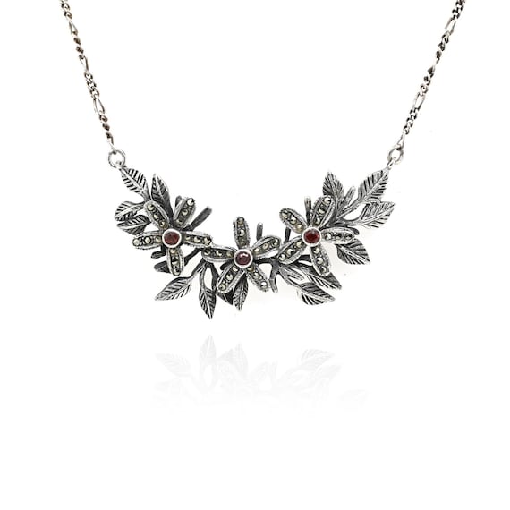 Sterling Silver Marcasite and Garnet Necklace, Sterling Silver Garnet Jewelry, Sterling Garnet Flower Necklace, Floral Gemstone Necklace